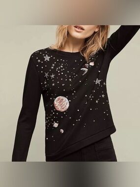 Anthropologie Postmark Stargazer Jewel Sequin Embellished Black Sweatshirt M